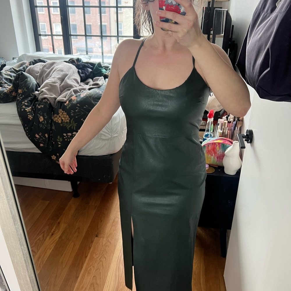 Faux-Leather Green Sleeveless Dress